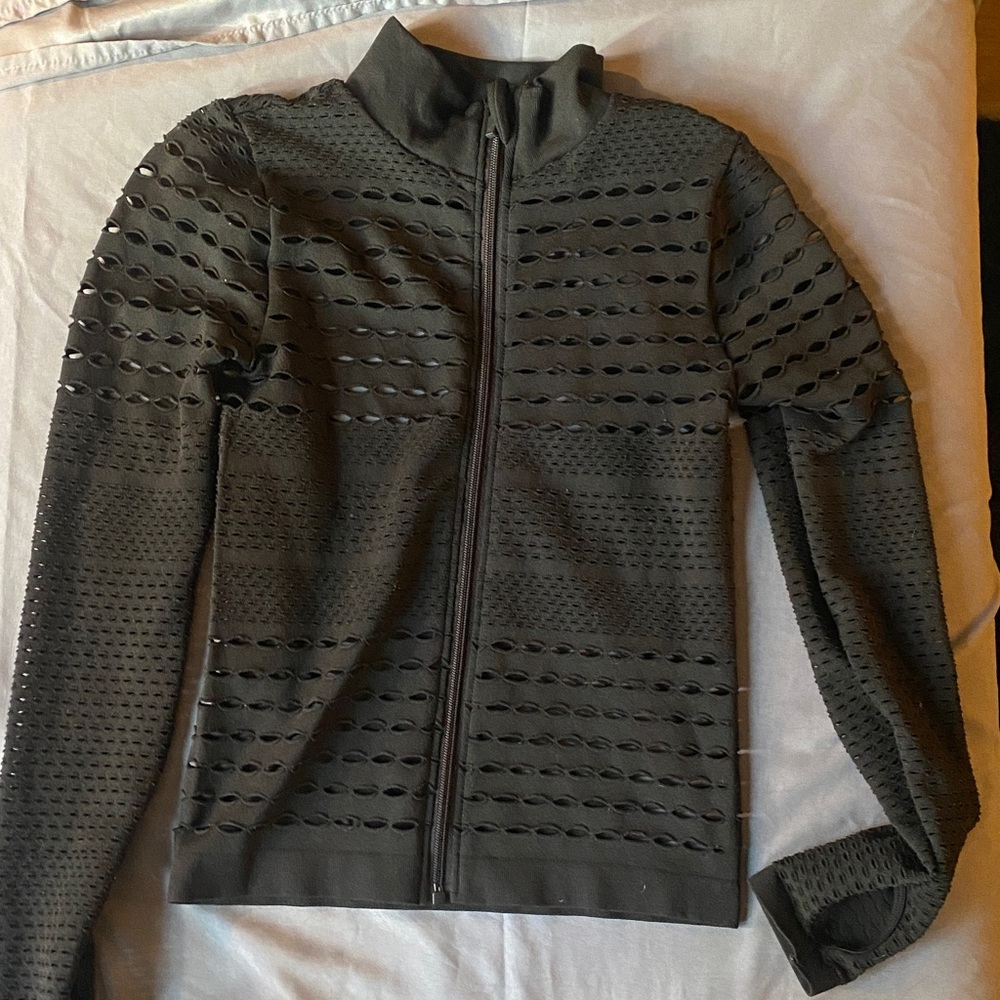 Stylish black cut out perforated Zip-Up Jacket size Small